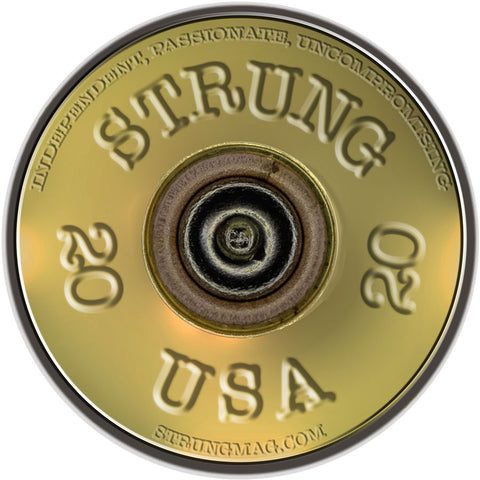 Upland hunting sticker featuring branded 20 gauge shotgun shell with strung branding